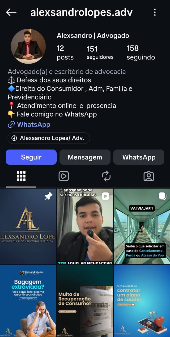 Perfil @alexsandrolopes.adv no Instagram, com publicações sobre bagagem extraviada, multa de recuperação de consumo e contratação de plano de saúde